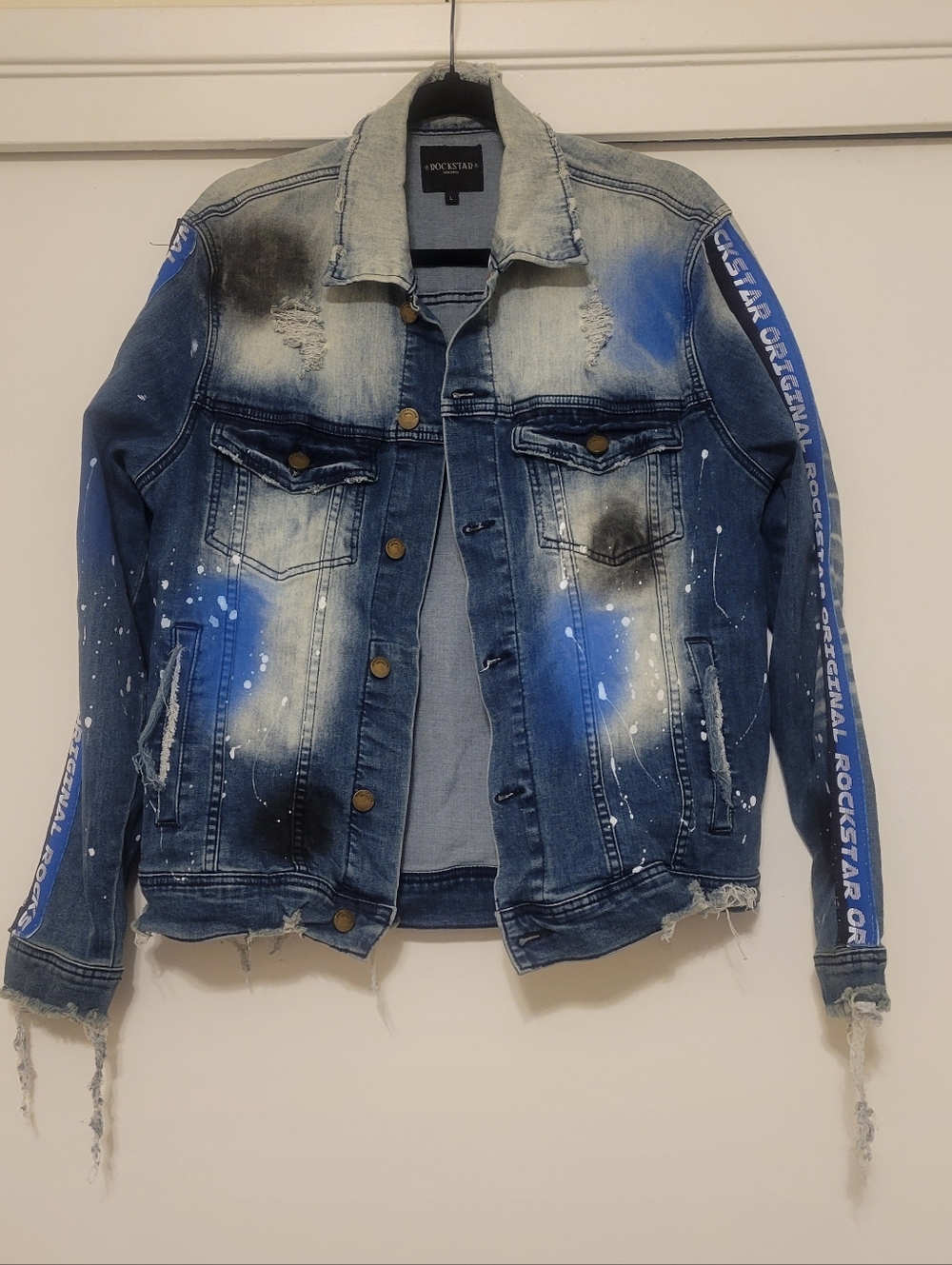 Rockstar Original Distressed Denim Jacket Paint Splatter Streetwear Size L